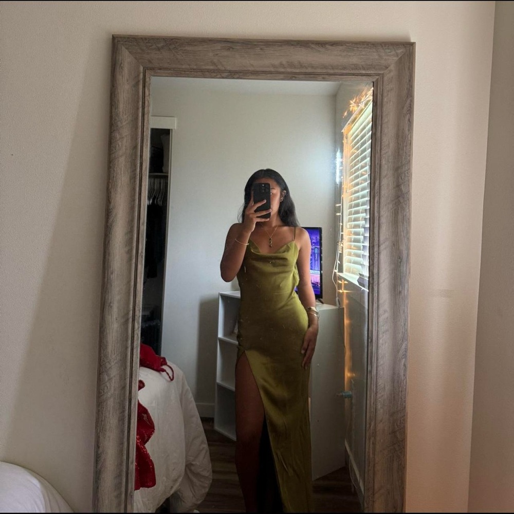 Elegant Olive Green Satin Dress